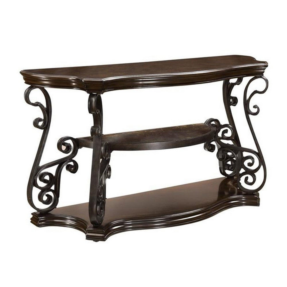 Traditional Solid Sofa Table With Glass Inset, Metal Scrolls & 2 Shelves, Brown