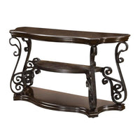 Traditional Solid Sofa Table With Glass Inset, Metal Scrolls & 2 Shelves, Brown