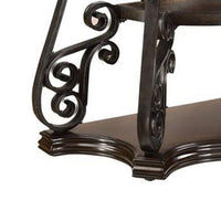 Traditional Solid Sofa Table With Glass Inset, Metal Scrolls & 2 Shelves, Brown