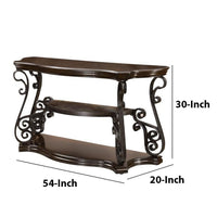 Traditional Solid Sofa Table With Glass Inset, Metal Scrolls & 2 Shelves, Brown