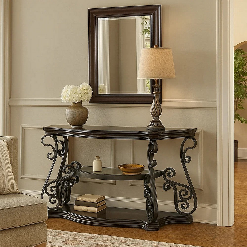Traditional Solid Sofa Table With Glass Inset, Metal Scrolls & 2 Shelves, Brown