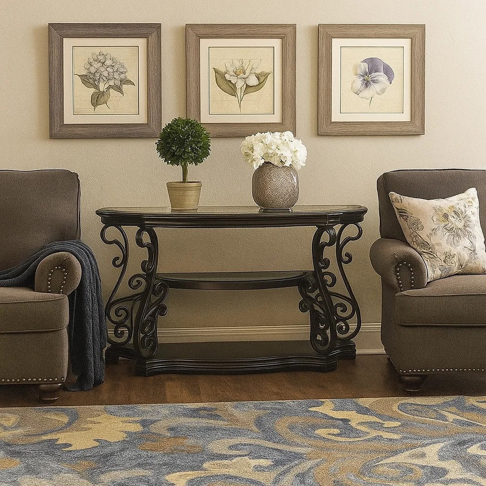 Traditional Solid Sofa Table With Glass Inset, Metal Scrolls & 2 Shelves, Brown