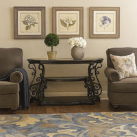 Traditional Solid Sofa Table With Glass Inset, Metal Scrolls & 2 Shelves, Brown