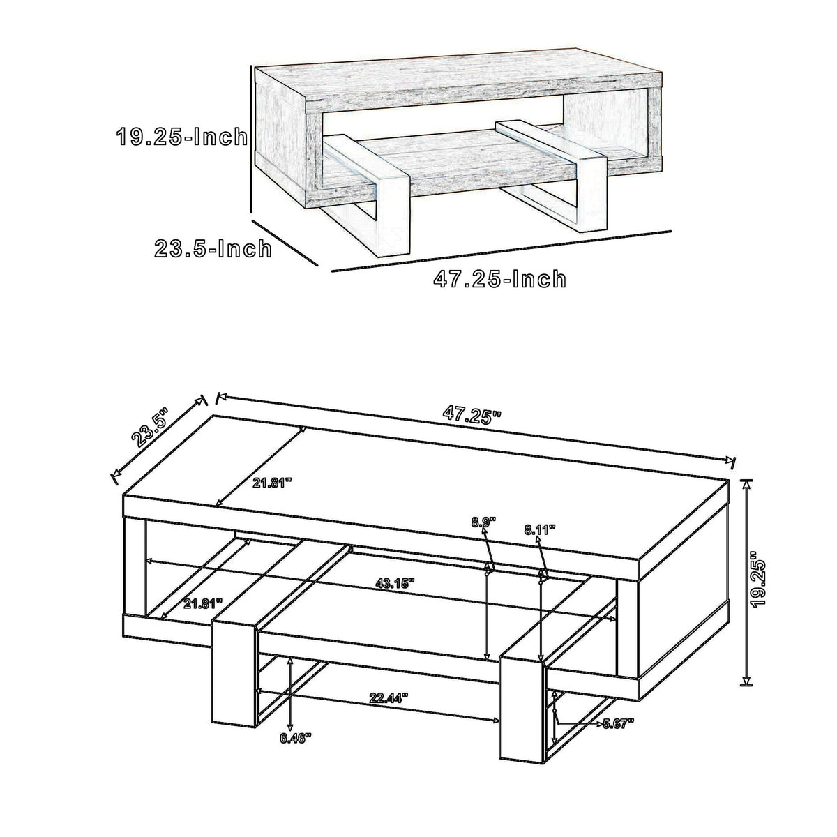 BM156208 Modern Driftwood Open Shelf Coffee Table, Gray and Brown