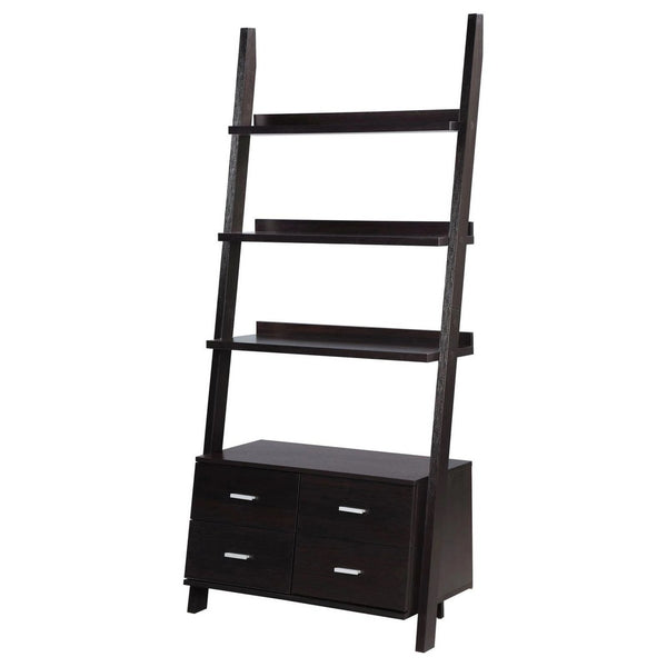 Quirky Ladder Bookcase With 4 Storage Drawers And Open Shelves, Cappuccino - BM172220