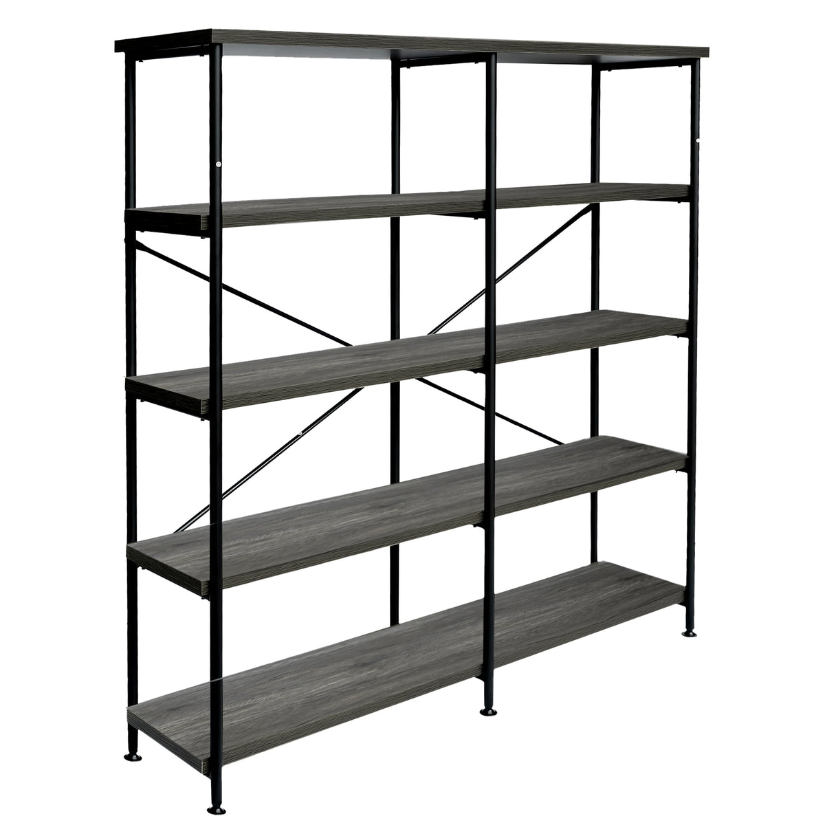 Olga 63 Inch Industrial 4 Tier Bookshelf, Particleboard, Metal Frame, Gray, Black - BM159421