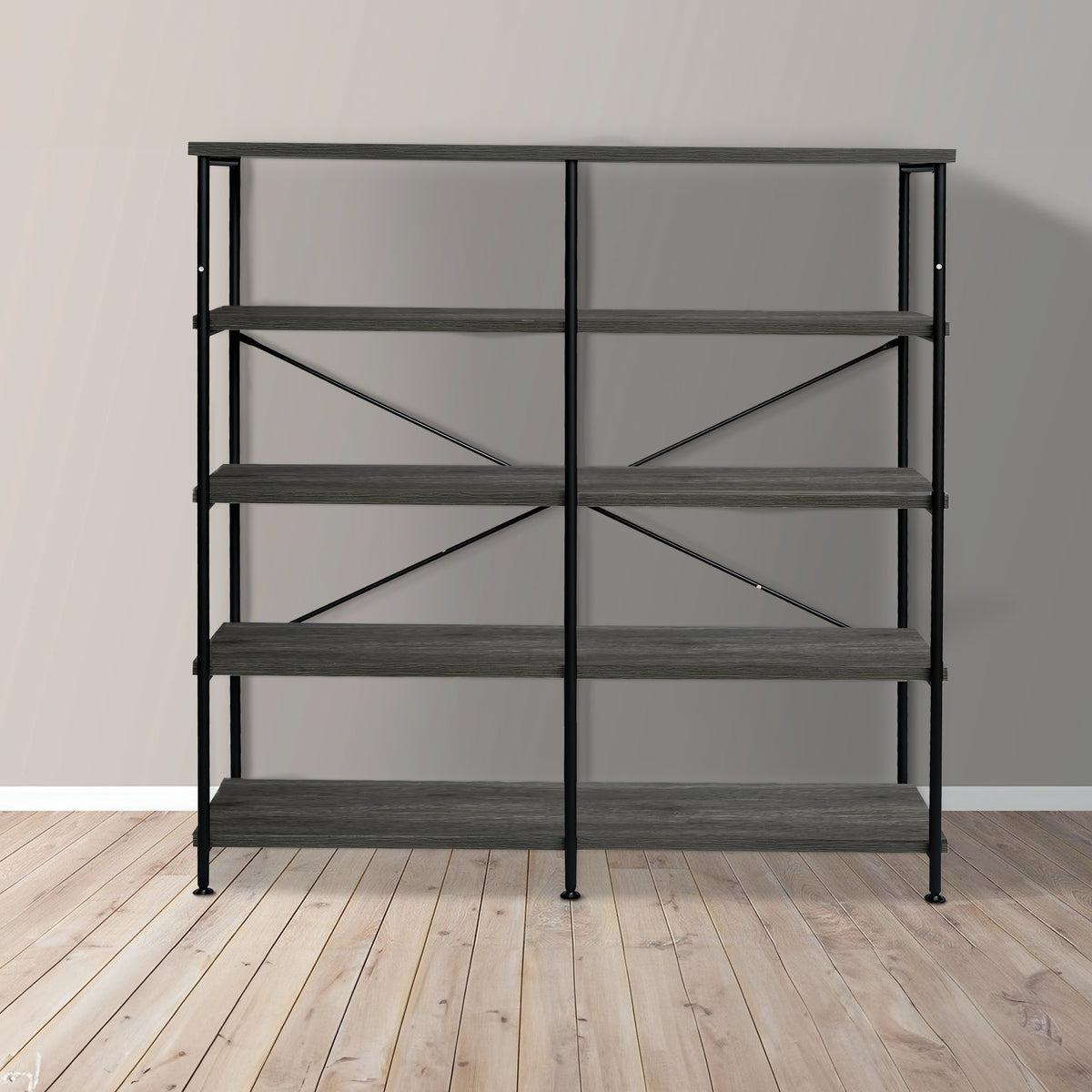 Olga 63 Inch Industrial 4 Tier Bookshelf, Particleboard, Metal Frame, Gray, Black - BM159421