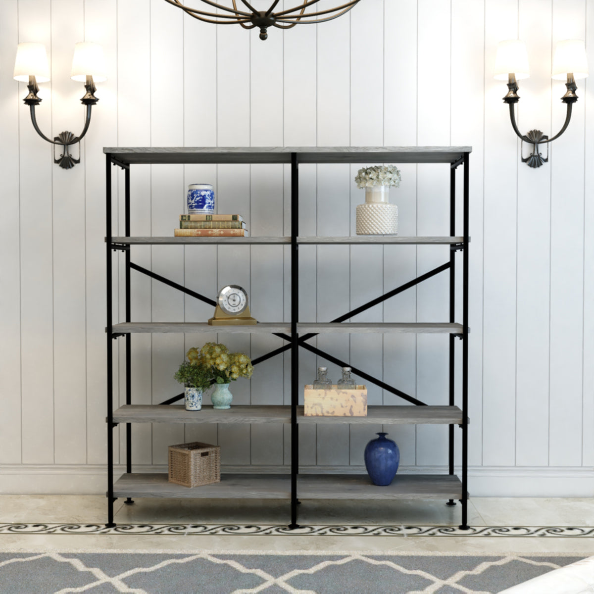 Olga 63 Inch Industrial 4 Tier Bookshelf, Particleboard, Metal Frame, Gray, Black - BM159421