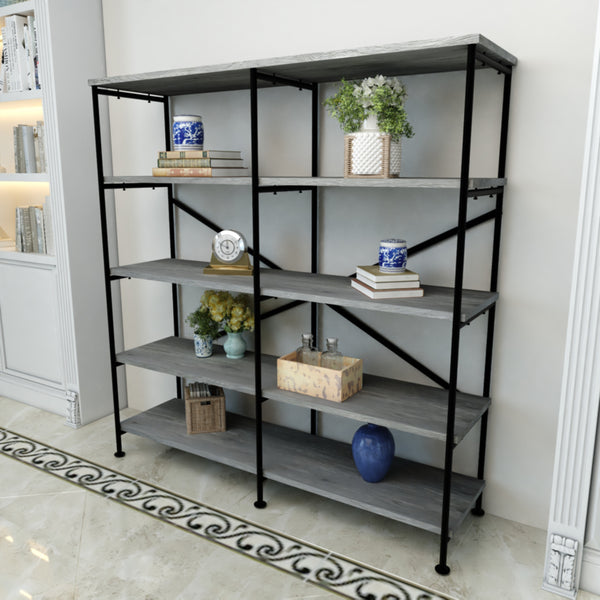 Olga 63 Inch Industrial 4 Tier Bookshelf, Particleboard, Metal Frame, Gray, Black - BM159421