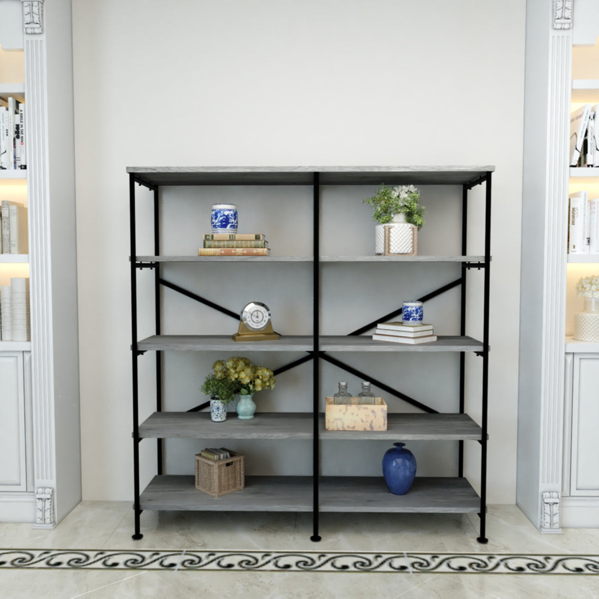 Olga 63 Inch Industrial 4 Tier Bookshelf, Particleboard, Metal Frame, Gray, Black - BM159421