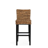 Woven Rattan Barstool with Wooden Legs, Low Profile Backrest, Brown and Black