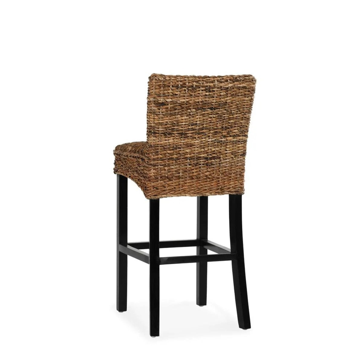 Woven Rattan Barstool with Wooden Legs, Low Profile Backrest, Brown and Black