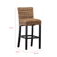 Woven Rattan Barstool with Wooden Legs, Low Profile Backrest, Brown and Black