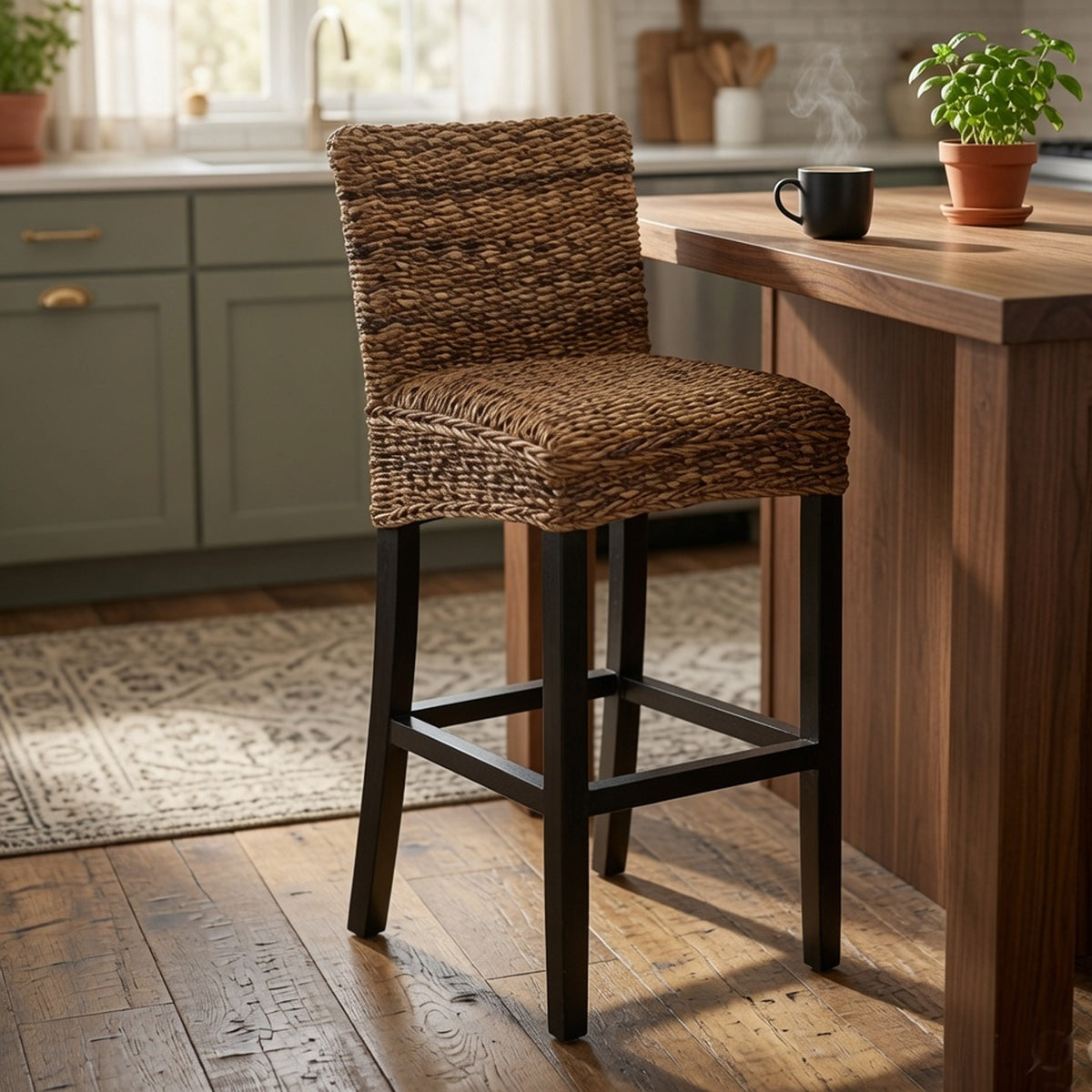 Woven Rattan Barstool with Wooden Legs, Low Profile Backrest, Brown and Black