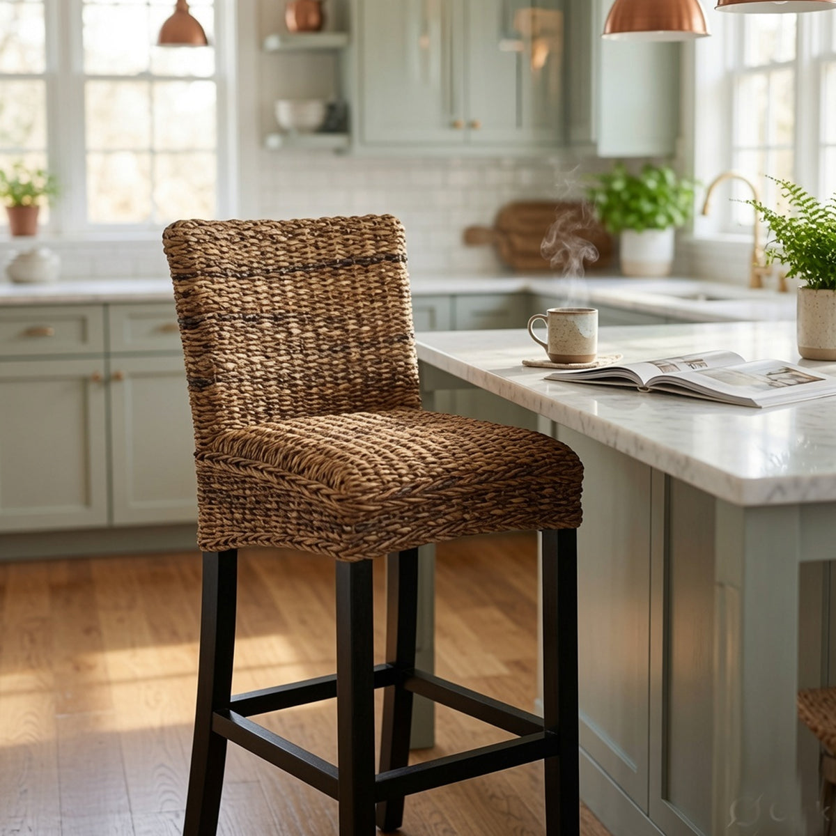 Woven Rattan Barstool with Wooden Legs, Low Profile Backrest, Brown and Black