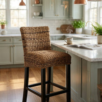 Woven Rattan Barstool with Wooden Legs, Low Profile Backrest, Brown and Black