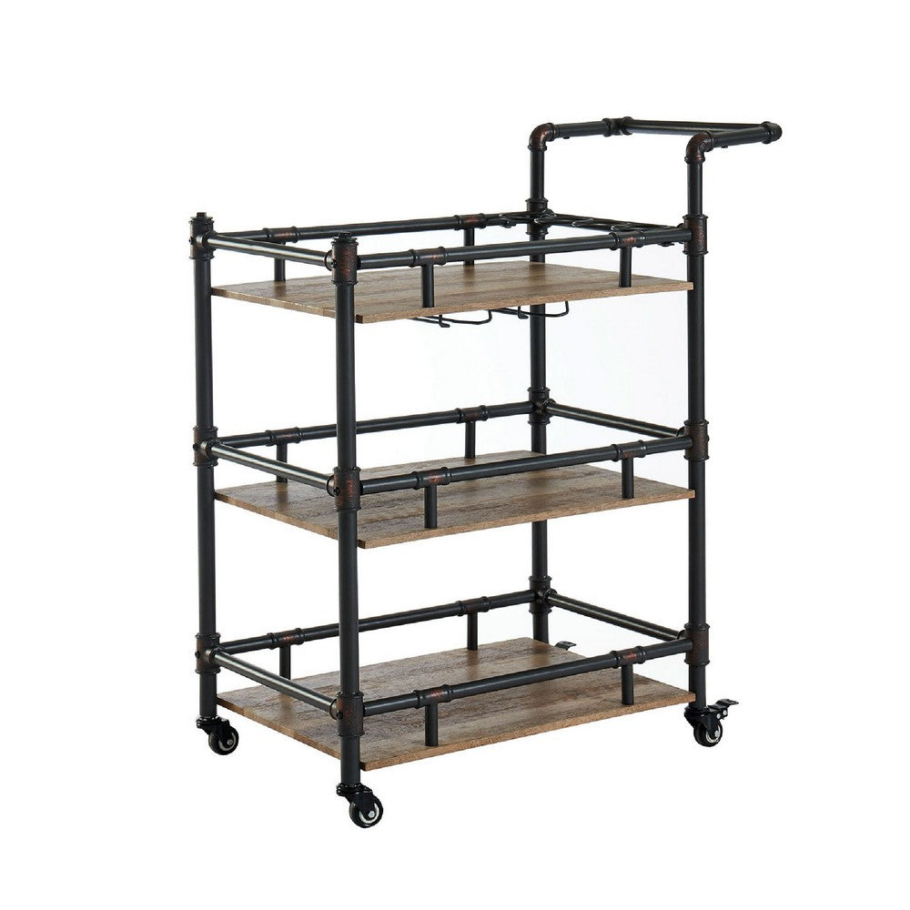 BM188330  - Rustic Three Tier Wood and Metal Serving Cart, Black and Brown