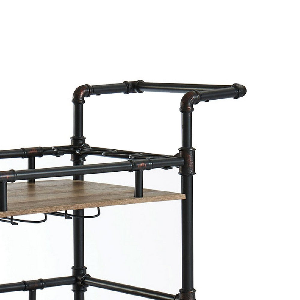 BM188330  - Rustic Three Tier Wood and Metal Serving Cart, Black and Brown