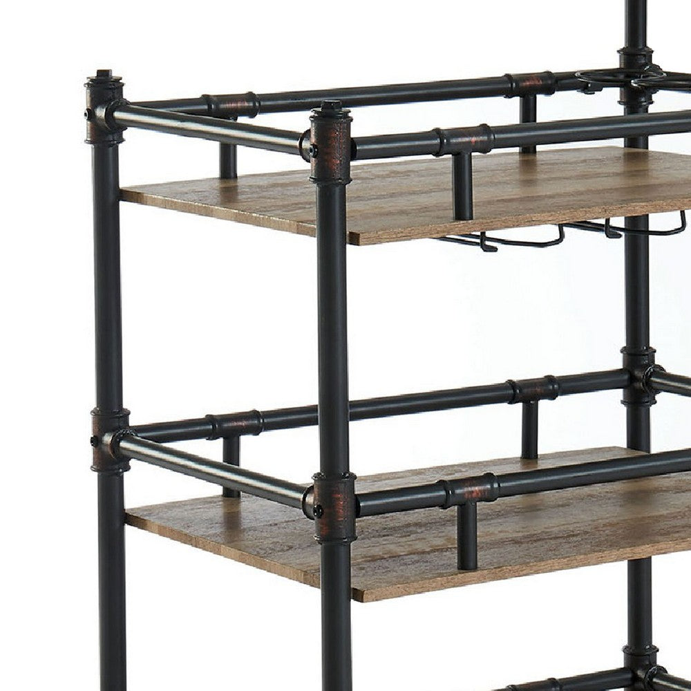 BM188330  - Rustic Three Tier Wood and Metal Serving Cart, Black and Brown