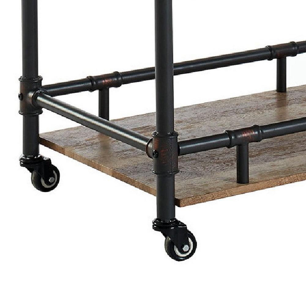BM188330  - Rustic Three Tier Wood and Metal Serving Cart, Black and Brown