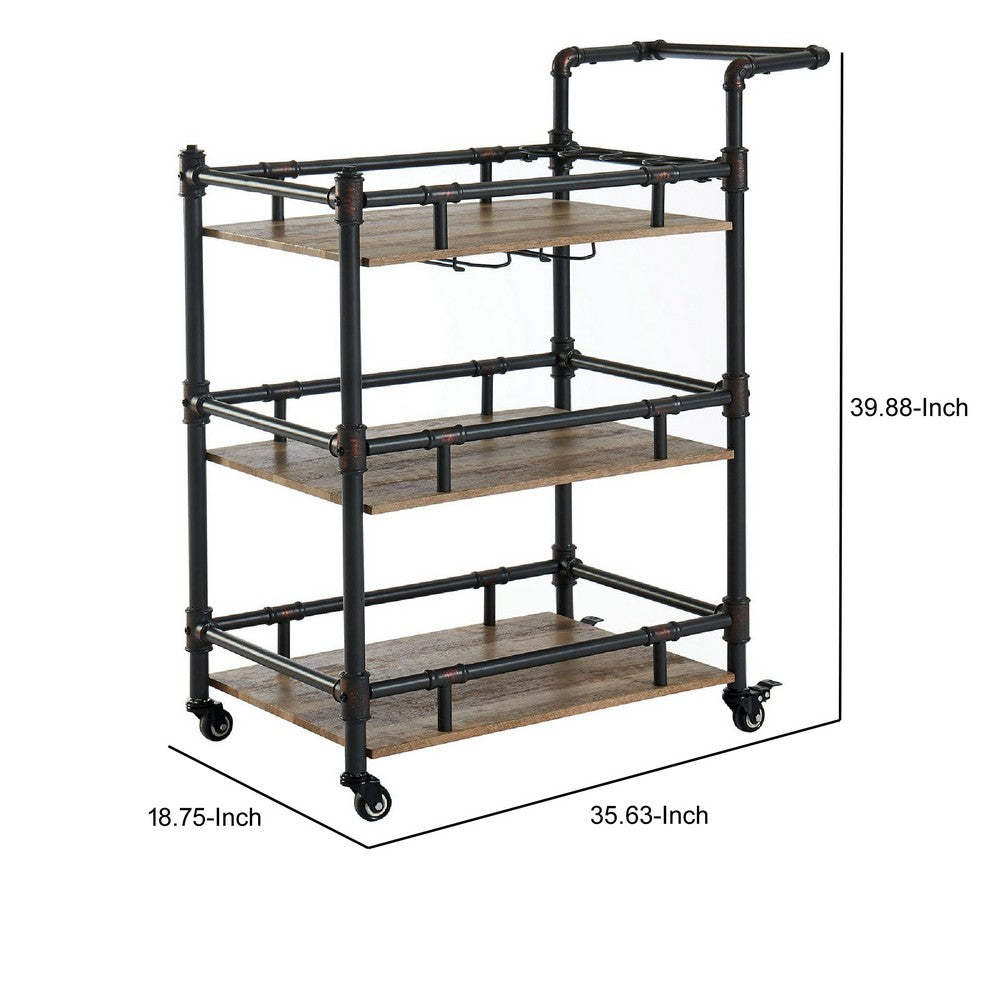 BM188330  - Rustic Three Tier Wood and Metal Serving Cart, Black and Brown