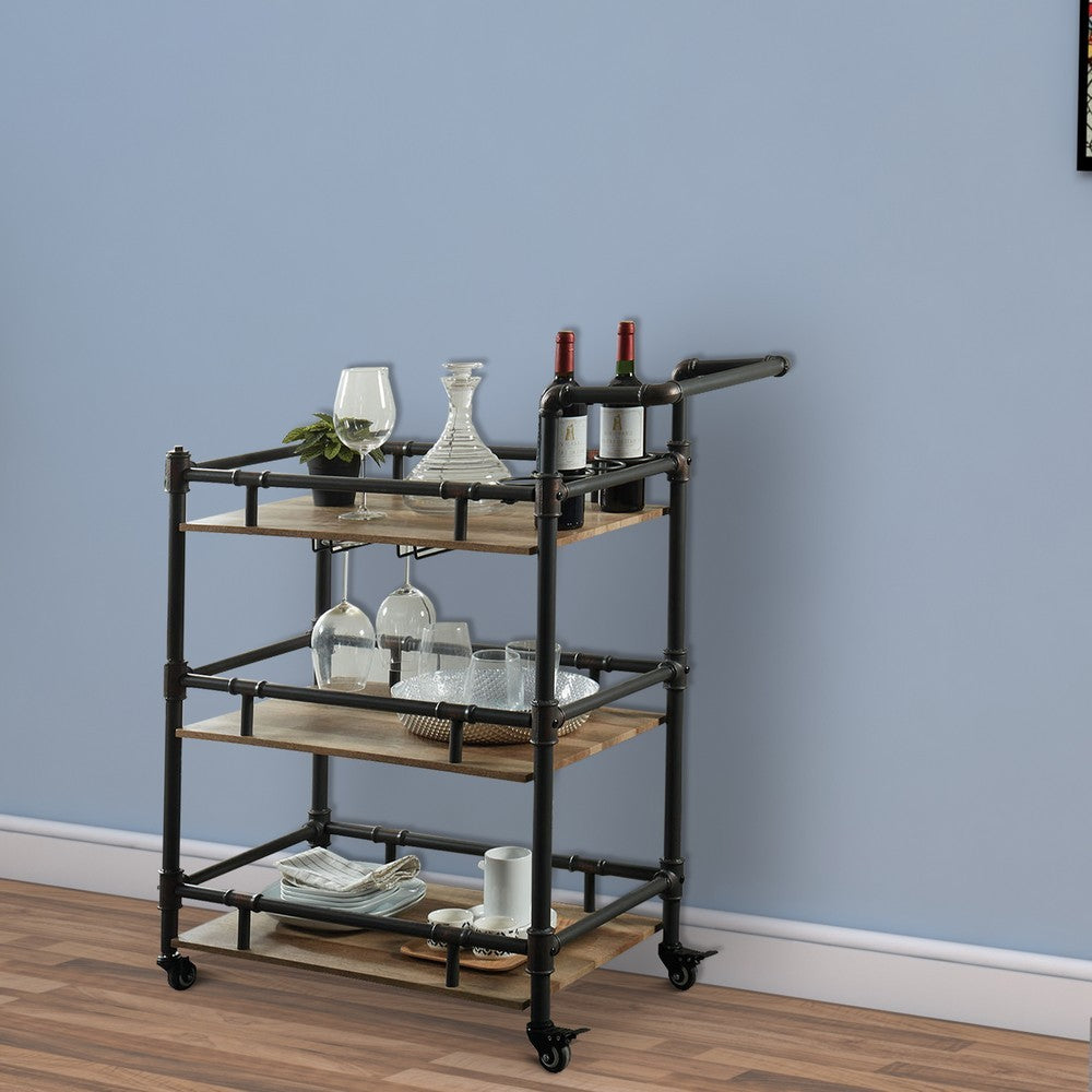 BM188330  - Rustic Three Tier Wood and Metal Serving Cart, Black and Brown