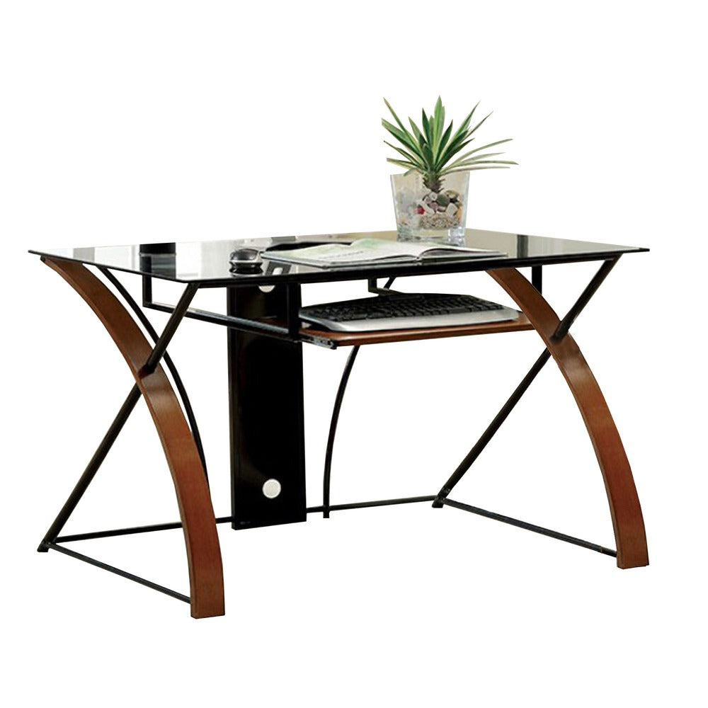 Benzara Glass Top Computer Desk with Z Shaped Metal Legs