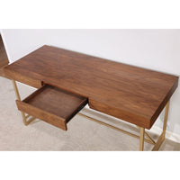 Modern Style Wooden Writing Desk with Unique Metal Legs, Walnut Brown and Gold