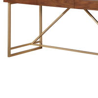 Modern Style Wooden Writing Desk with Unique Metal Legs, Walnut Brown and Gold