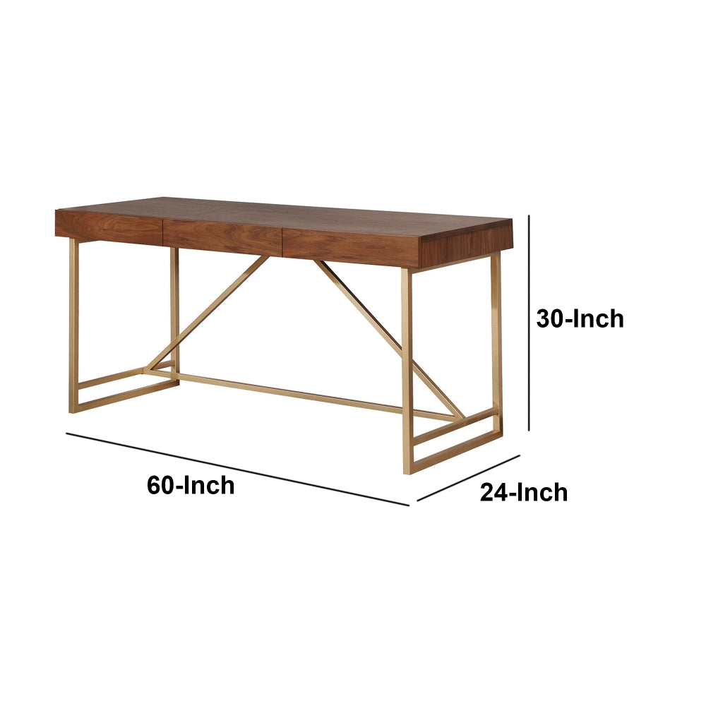 Modern Style Wooden Writing Desk with Unique Metal Legs, Walnut Brown and Gold