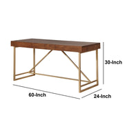 Modern Style Wooden Writing Desk with Unique Metal Legs, Walnut Brown and Gold
