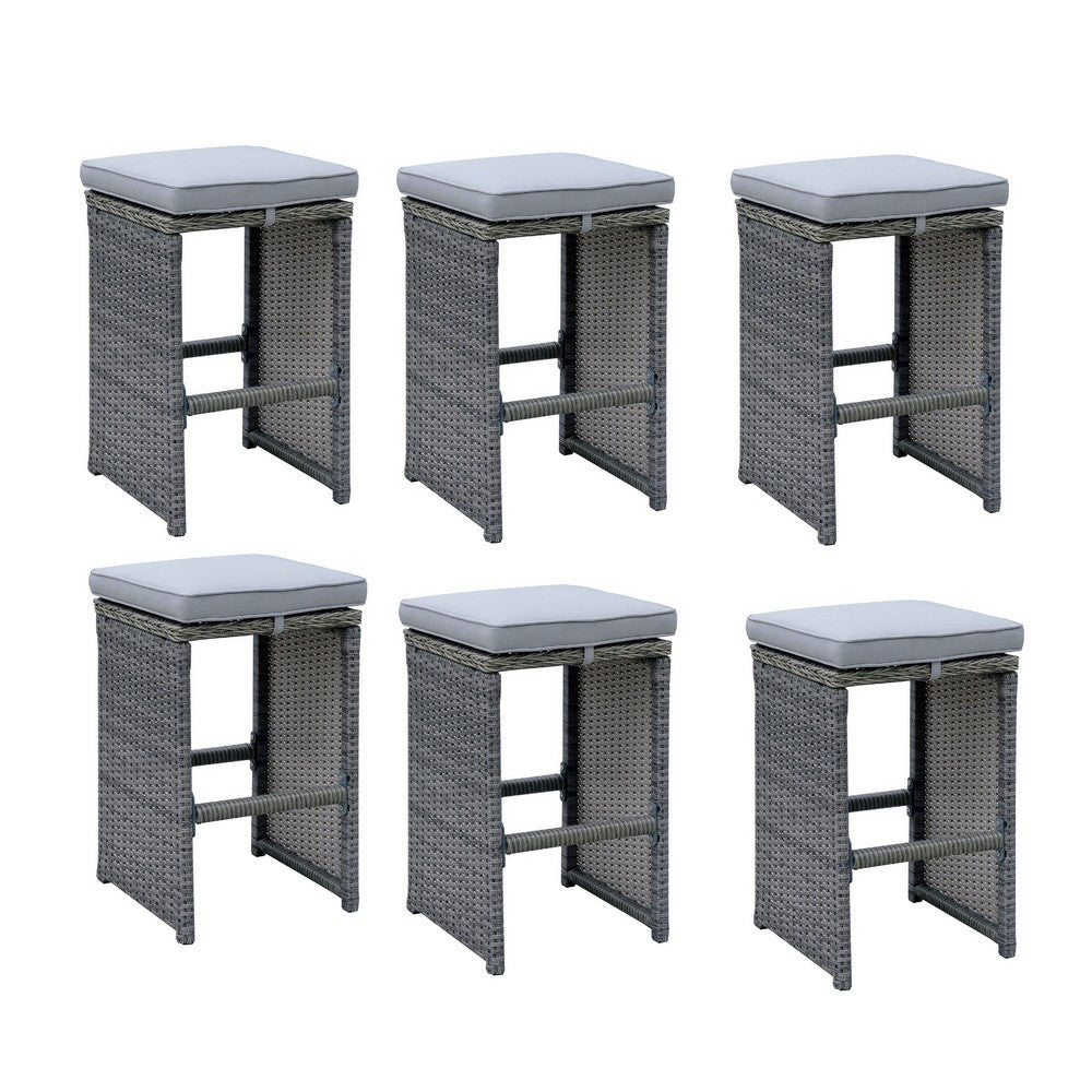 6 Piece Patio Bar Stool In Aluminum Wicker Frame And Padded Fabric Seat, Gray