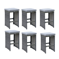 6 Piece Patio Bar Stool In Aluminum Wicker Frame And Padded Fabric Seat, Gray