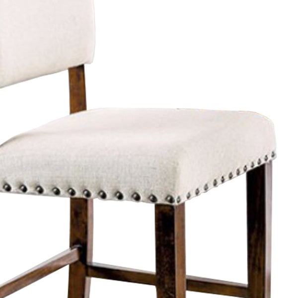 25 Inch Set of 2 Handcrafted Counter Height Chairs, Cherry Brown Solid Wood Frame, Beige Linen Fabric Seat - BM131110