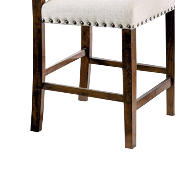25 Inch Set of 2 Handcrafted Counter Height Chairs, Cherry Brown Solid Wood Frame, Beige Linen Fabric Seat - BM131110