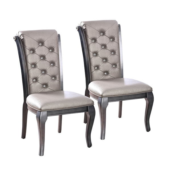 Button Tufted Leatherette Upholstered Wooden Side Chair with Scrolled Back, Pack of Two, Gray