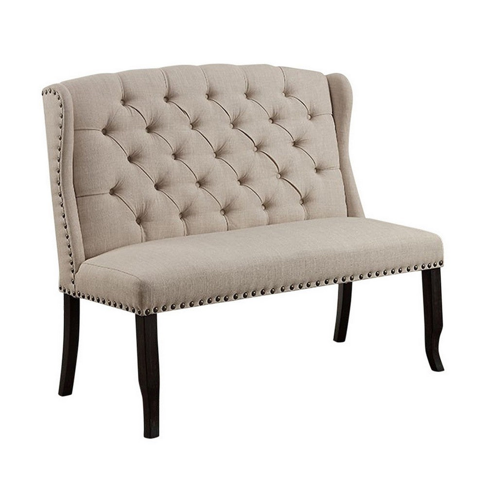 Nailhead Trim Fabric Upholstered Wing Back Wooden Bench, Beige and Black - FOA-CM3324BK-BN