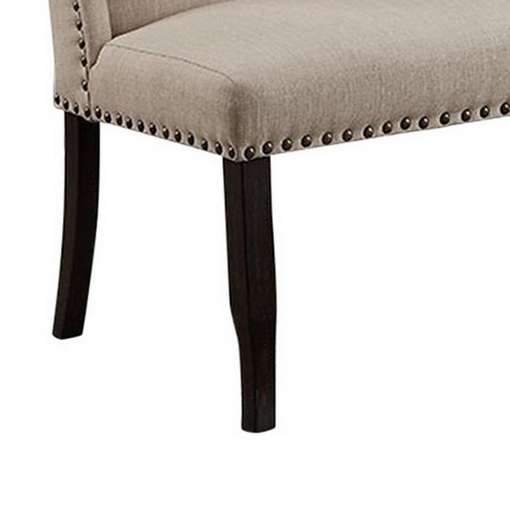 Nailhead Trim Fabric Upholstered Wing Back Wooden Bench, Beige and Black - FOA-CM3324BK-BN