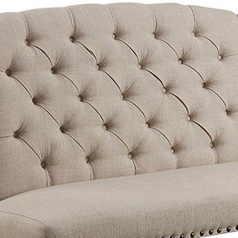 Nailhead Trim Fabric Upholstered Wing Back Wooden Bench, Beige and Black - FOA-CM3324BK-BN