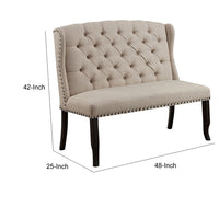 Nailhead Trim Fabric Upholstered Wing Back Wooden Bench, Beige and Black - FOA-CM3324BK-BN