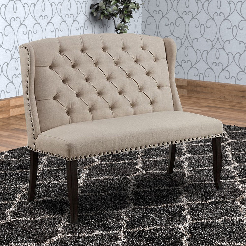 Nailhead Trim Fabric Upholstered Wing Back Wooden Bench, Beige and Black - FOA-CM3324BK-BN