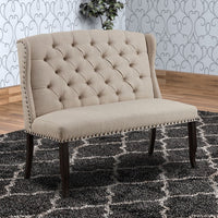 Nailhead Trim Fabric Upholstered Wing Back Wooden Bench, Beige and Black - FOA-CM3324BK-BN