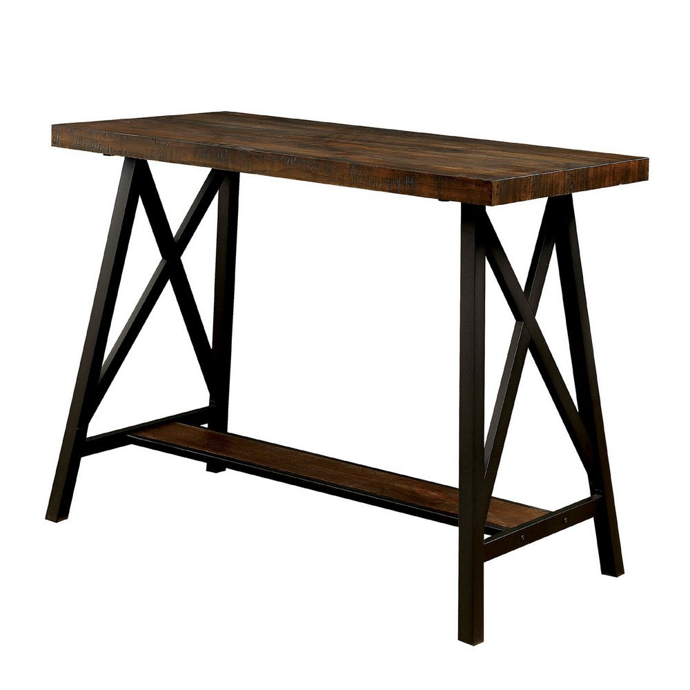 Wooden Counter Height Table With Angled Metal Legs, Black And Brown - BM183600