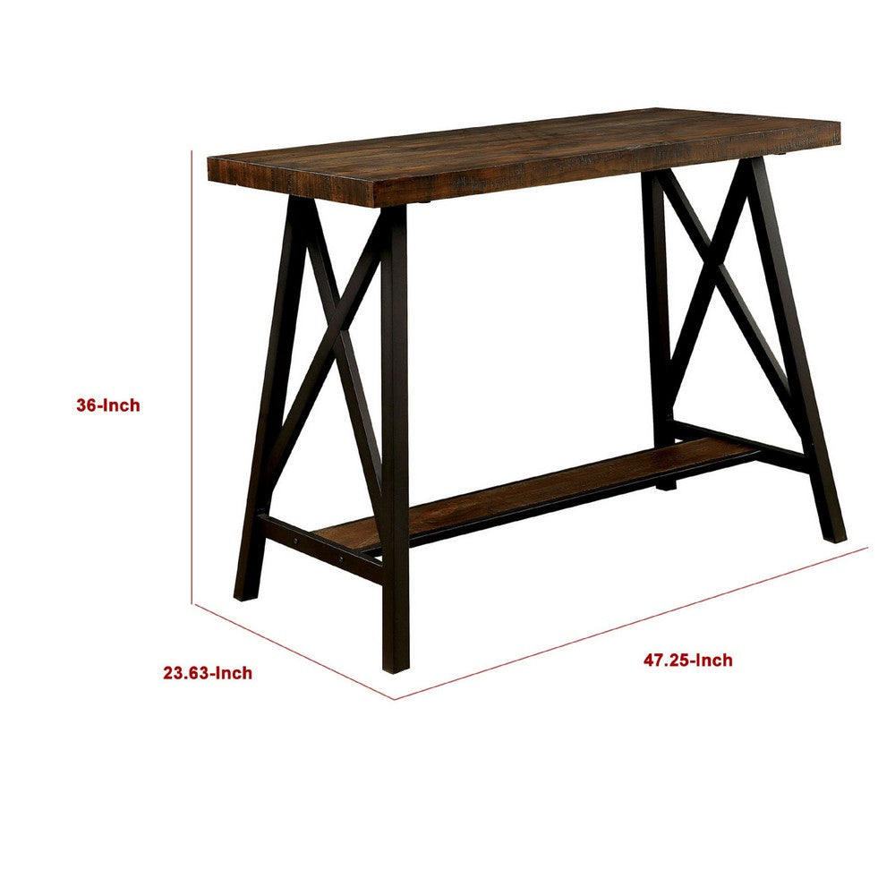Wooden Counter Height Table With Angled Metal Legs, Black And Brown - BM183600