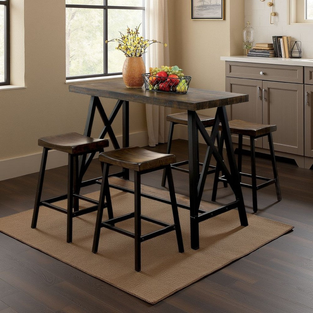 Wooden Counter Height Table With Angled Metal Legs, Black And Brown - BM183600
