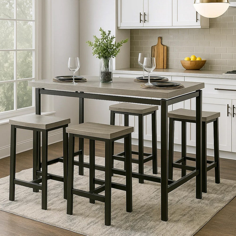 5 Piece Wooden Counter Height Table Set In Natural Brown And Black - BM181289