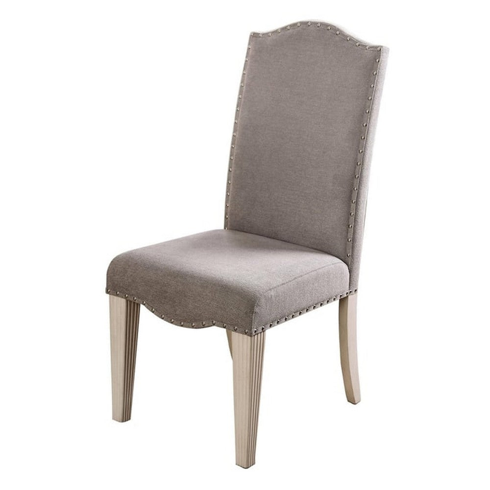 Fabric Upholstered Wooden Side Chair, White And Gray, Pack Of Two