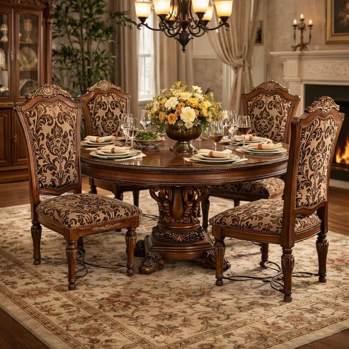 Wooden Fabric Upholstered Side Chair With Floral Print, Brown, Pack Of Two - BM183666