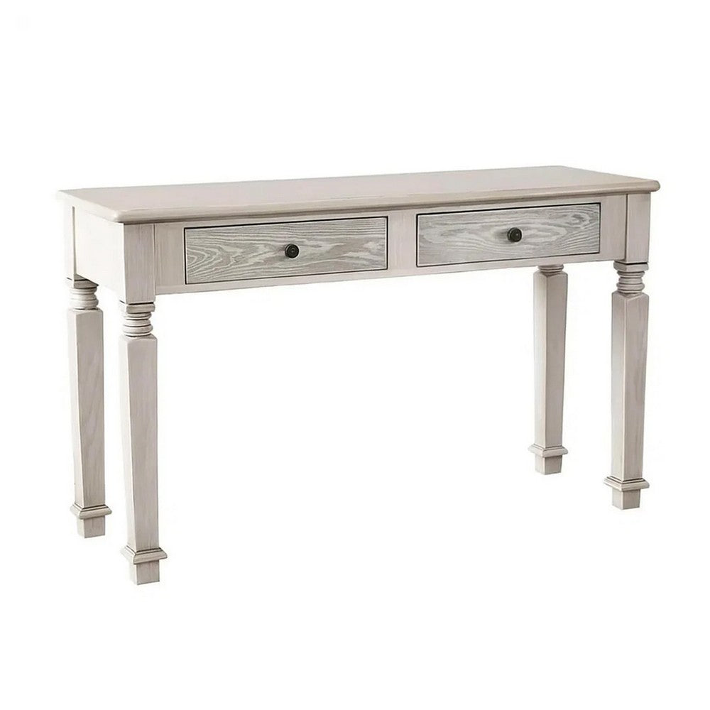 Spacious Wooden Sofa Table with Carved Turned Legs, Antique White