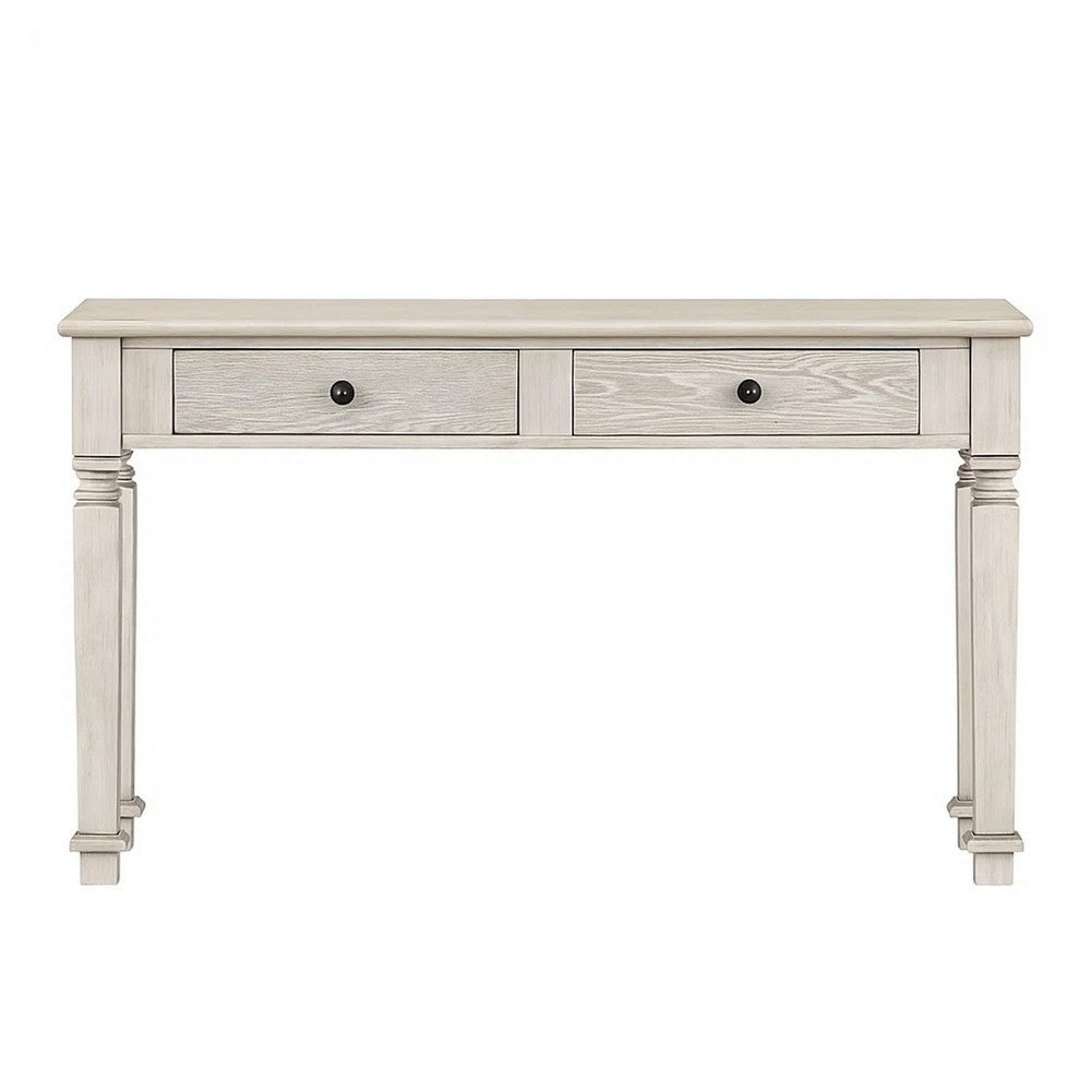 Spacious Wooden Sofa Table with Carved Turned Legs, Antique White